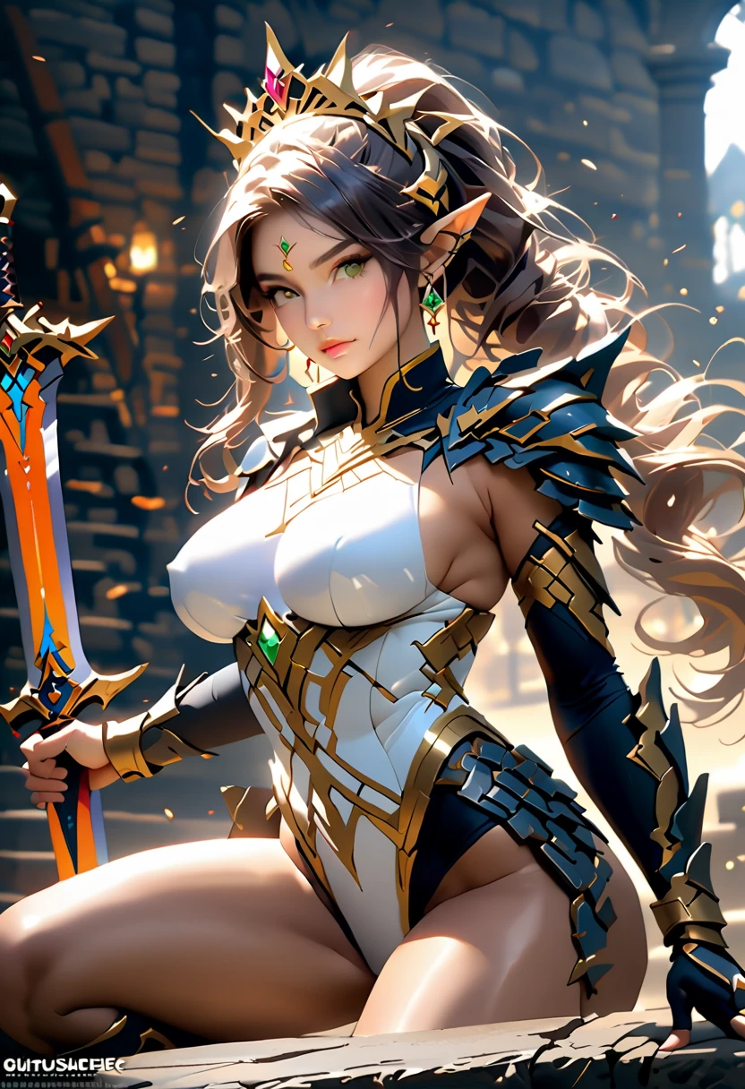 young teen girl, ancient elf warrior, long pointy ears, black skin, short purple hair, sexi, small breasts, ancient elf armor and accesories, wielding a sword, highly detailed, vibrant appearance, creative behavior, extremly detailed, imaginative, sensual, spontaneous, highest quality, skin texture, intricate details, (cinematic lighting), RAW photo, 8k, masterpiece,best quality,ultra-detailed,very detailed illustrations,extremely detailed,intricate details,highres,super complex details,extremely detailed 8k cg wallpaper,
