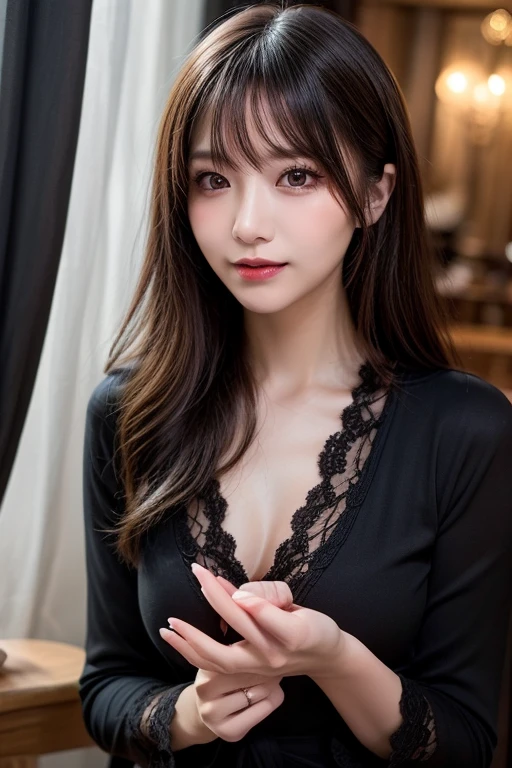 1girl, solo, realistic, cleavage, brown hair, molelips, brown eyes, huge breasts, in black in a restaurent, miyu kishi, smile, (photorealistic:1.4)