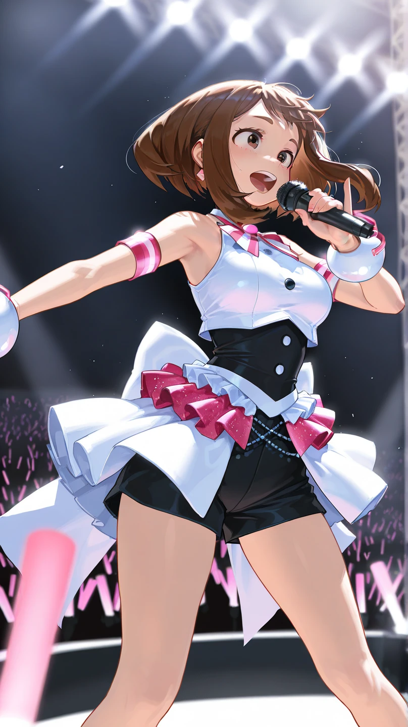 (((Pixel perfect, perfect detail))), (((Underskirt angle view, panties visible,))), solo, solo girl, Kosaka Honoka, (orange Color costume:1.0), (gothic lolita fashion:1.0), viewer's point of view, embarrassed face, μ's, Love Live! stage, singing, (tuck skirt 1.3), (white panties: 1.3), (panties with ribbon), (ruffled panties: 1.3), (fullback panties: 1.3), (low angle), blue eyes, orange hair, one side up hair, short hair, (spread legs: 1.0)