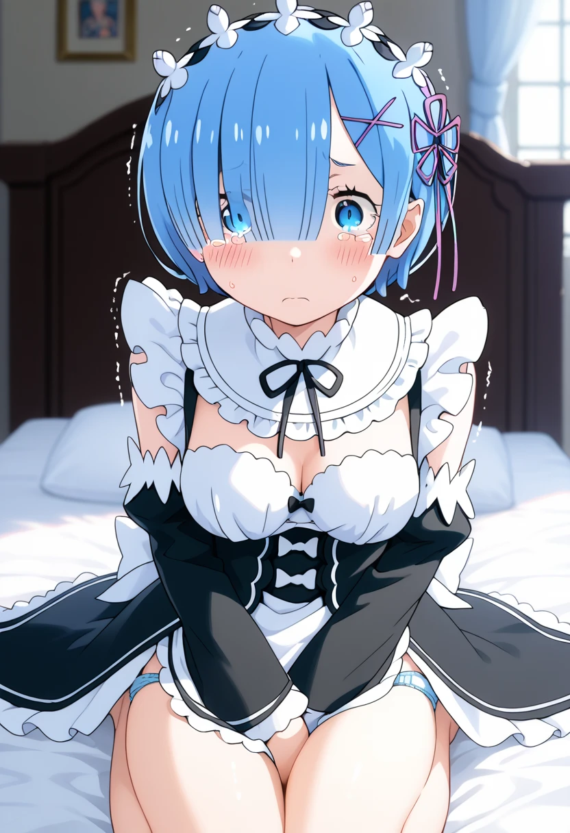 (man and woman kissing:1.6),, (masterpiece, Best Quality, high resolution, nffsw, Perfect Pixel, depth of fields, 4K), , Perfect body, , (boy and girl:1.6), (2 human in picture:1.6) boy on top, Eft_ReZero_Rem, rem (re:zero), blue hair, , blue eyes, roswaal mansion maid uniform, short hair, maid, hair over one eye, hair ornament, breasts, detached sleeves, ribbon, x hair ornament, cleavage, hair ribbon, , maid headdress, anime coloring, pink ribbon, , parody, , neck ribbon, frills, bangs, black ribbon, (large boob:1.4) , nsfw,(ecstasy:1.3) ,(slut:1.2),(vulgarity:1.3),(fucked silly:1.1),(steam:1.1),(wet:0.8),(trembling:0.8),(tears:0.7) ,(drooling:0.6),(sweat:0.8), wince,(orgasm:1.5), , (nipples:1.4), , ,,(hardcore,sex:1.4),