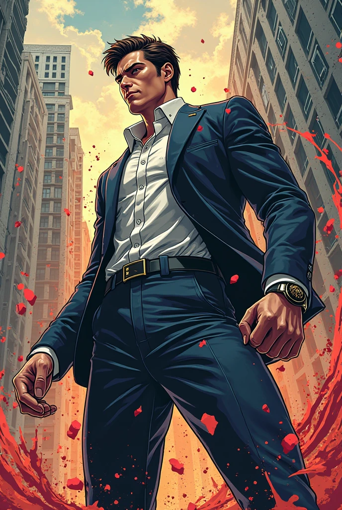This artistic oil painting shows a man wearing a suit, Speak with your phone，With a look of horror on his face, running towards camera. a red eye、A huge Chinese dragon with a halo on its head chases him. Behind him are two wings of fire, Wings spread, detail drawing, splashed，modern digital impressionism, garbage painting, palette knife,Moody palette