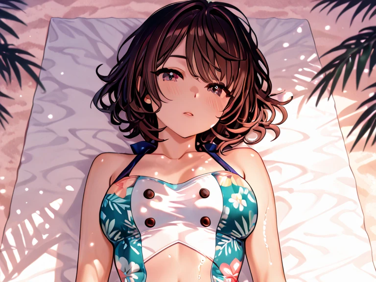 (super flat, flat shading, flat color:1.1)、(magazine cover)、An illustration、(One Asian boyish girl)、(cute:1.2)、Very beautiful 14 year old girl manga、cheeks are red、(high detail skin: 1.2)、embarrassed look、Photorealistic anime girl rendering、Realistic anime 3D style、beautiful brown hair、intense black eyes、strong eye highlights、(get used to it、Medium chest)、perfect anatomy、(sweaty)、pale pink bikini、(wet with water)、spread your legs、head tilt、volume lighting、soft light、bright、bright色、watercolor painting、shortcut、hair band、Bedroom、vapor、on the bed、night