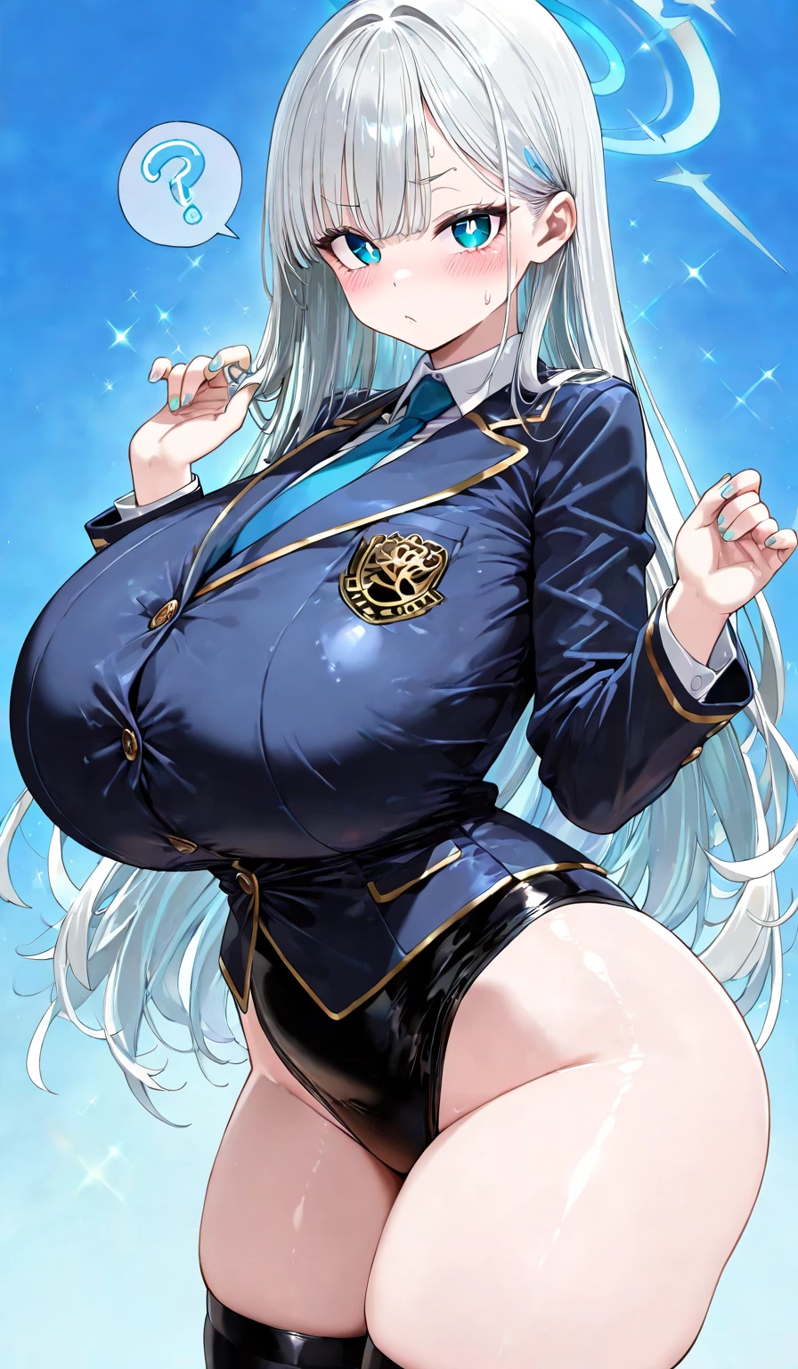 1girl, large breasts, thick thighs, wide hips, blue jacket, yellow eyes, white hair, horizontal stripes, striped bikini, smile, happy, light smile, long hair, open jacket, bikini, 2d, anime style, anime screencap, epaulettes, (blue stripes), hourglass figure