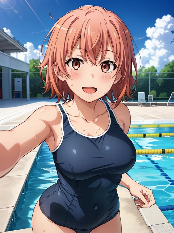 ((highest quality, High resolution,  Perfect Pixel,  4k)), (1 girl),  (Beautiful Anime Girls), 
Watching the audience, 
Perfect body, 

yuigahama yui, short hair, Big Breasts、Brown eyes、Detailed eyes、

blush 、smile、Open your mouth a little、
(School Swimsuit:1.2)、Cleavage、
Focus on the chest、
summer、School swimming pool、sunlight、
Wet Hair、Wet body、Water Drop、Armpit、
Selfie、