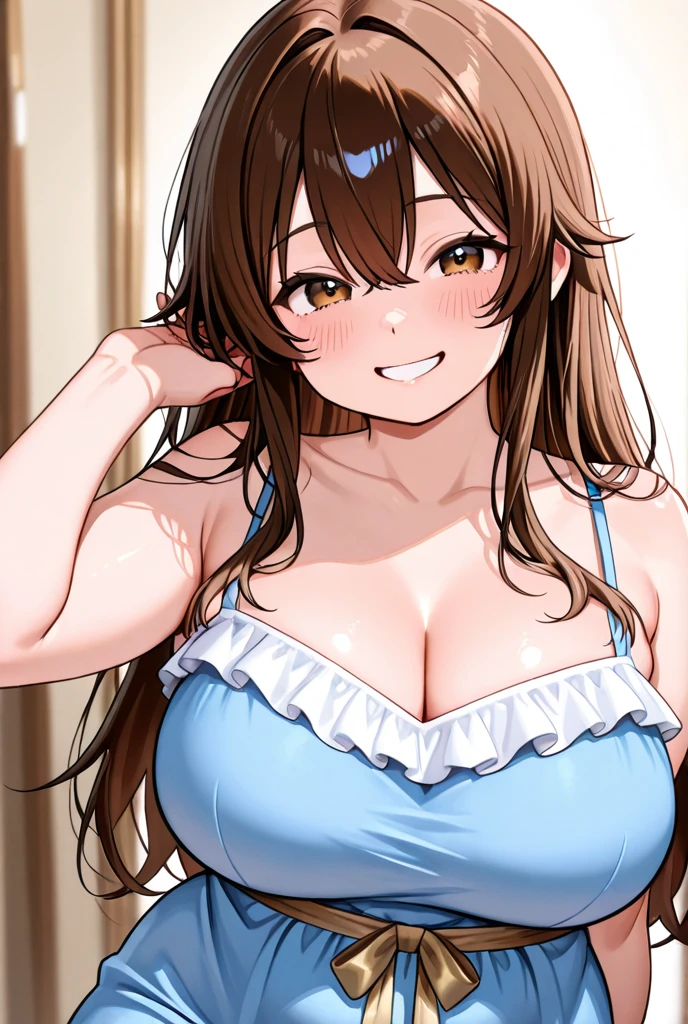 (anime cels style, best quality, high resolution, megami magazine, anime poster style, photorealistic), (beautiful eyes:1.2), kondou_taeko:1.5, Girls und Panzer, 1girl, smile, medium hair, brown hair, brown eyes, (red headband:1.2, red ribbon), (huge breast), (red bikini), upper body, (perfect detailed anatomy, beautiful face, perfect body, perfect arms, shiny skin), sunshine, bluesky