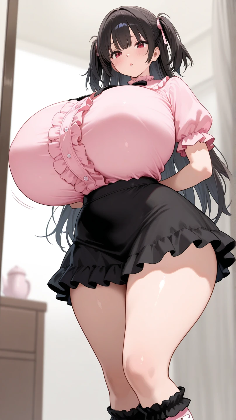 NSFW, wore a romper、Black hair pigtails、Chubby、1 female、Junior high school student wearing an oversized diaper、big breasts and ass breast milk, embarrassed expression、vapor、huge tit、
