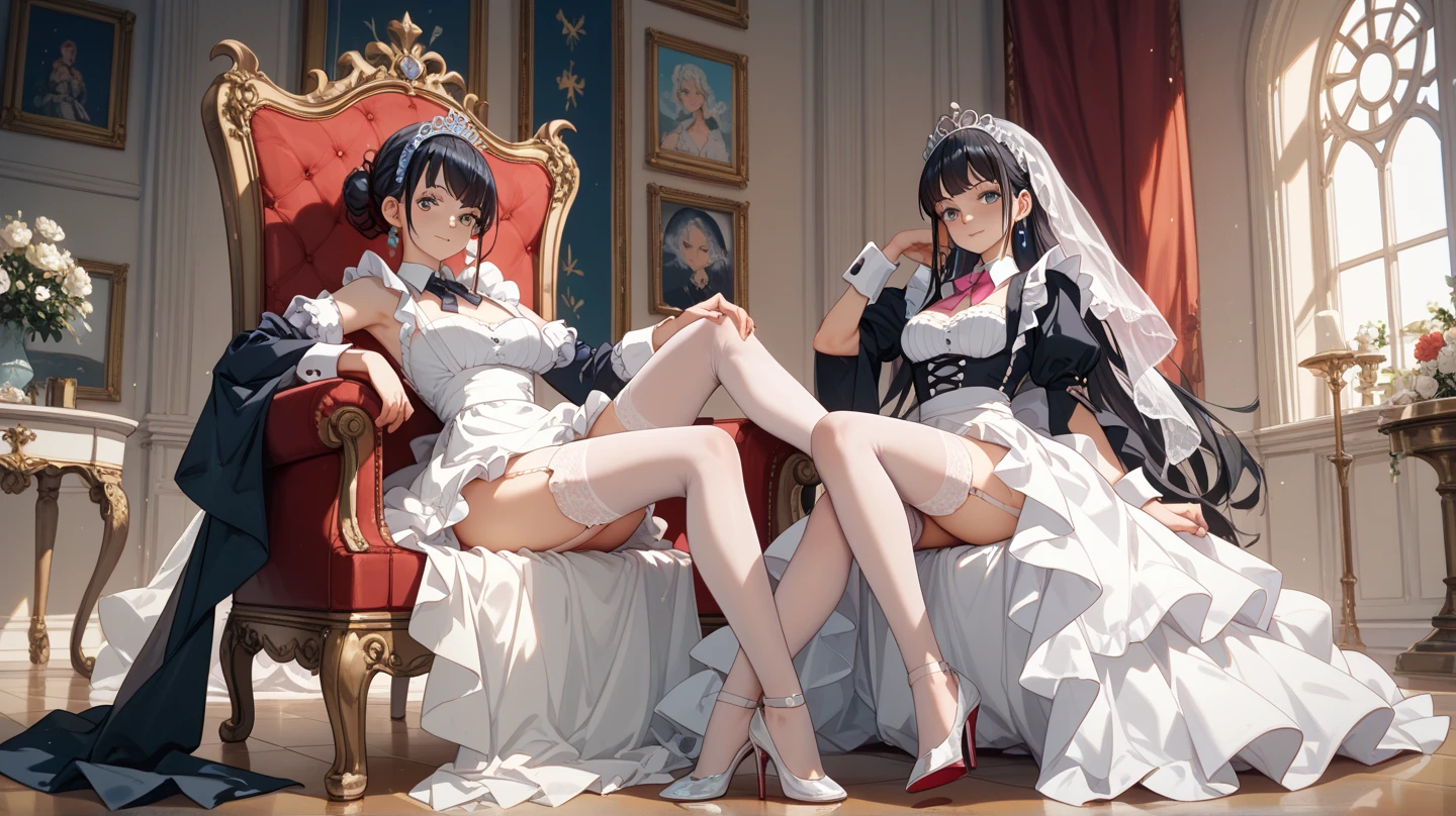 ((best quality)), ((masterpiece)), (detailed), 1girl, NSFW, small breasts, prominent collarbones, skinny arms, flat stomach, visible hip bones, long hair, ponytail, thick ponytail, heavy ponytail, red and white clothing, full body, whole body, body, NSFW, full body, whole body, head-to-toe NSFW, Bloodborne inspired, occult aesthetic, occult, detailed and intricate steampunk and detailed gothic, Fluttering lace flared long knee length dress with frilly petticoats, knee length dress, pleated petticoats, lolita dress, petticoats gothic lolita, complex lace boots