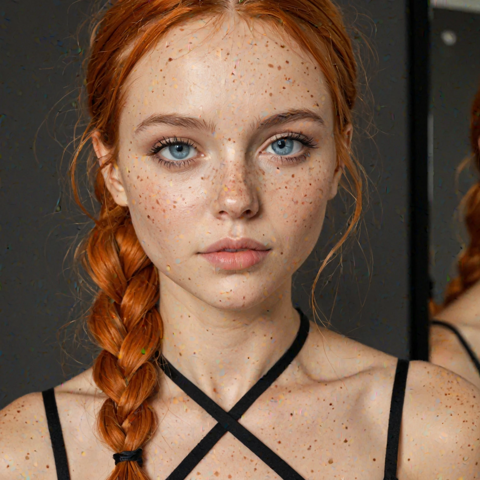 ((best quality)), ((masterpiece)), (detailed), perfect face, young skinny girl, ((red hair)), wavy long hair, (ginger hair, pony tail, ponytail), freckles, redhead girl,(( painting, artist, dirty from painitng)), happy face, (almost open eyes, look down direction)