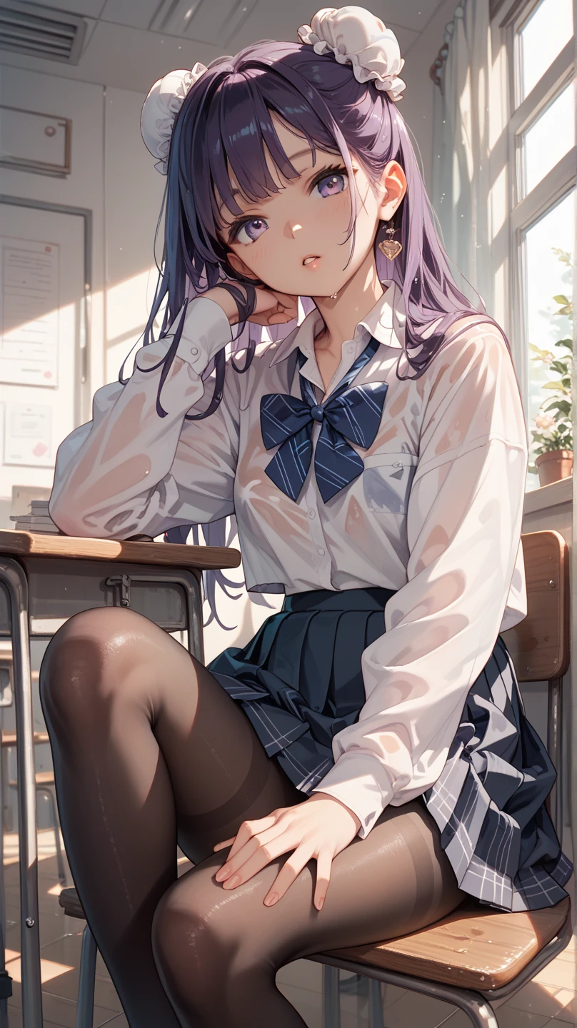 (nsfw:1.3) , anime girl with purple hair and white shirt and tie, cute girl anime visual, portrait anime girl, cute anime girl portrait, beautiful anime girl, beautiful anime portrait, anime style 4k, 4k anime wallpaper, (anime girl), anime wallpaper 4k, anime girl with long hair, anime wallpaper 4k, anime art wallpaper 4k,Daily life, sitting in the seat across from you, sitting shallowly, sleeping habits, spreading your legs a little, skirt lift by myself, cute panties,