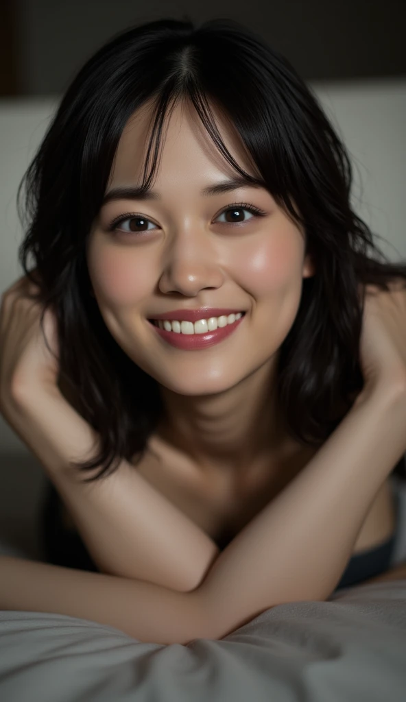 (Highest quality, 8k, 32K, masterpiece, Ultra-high resolution:1.2), Beautiful Japanese Women Photo, Short straight hair, natural beauty, (Leaning forward:1.3), (close:1.4), indoors, Look at audience, facial expressions amused, smug; provocative, Loose fitting T-shirt, cleavage, Blurred Background