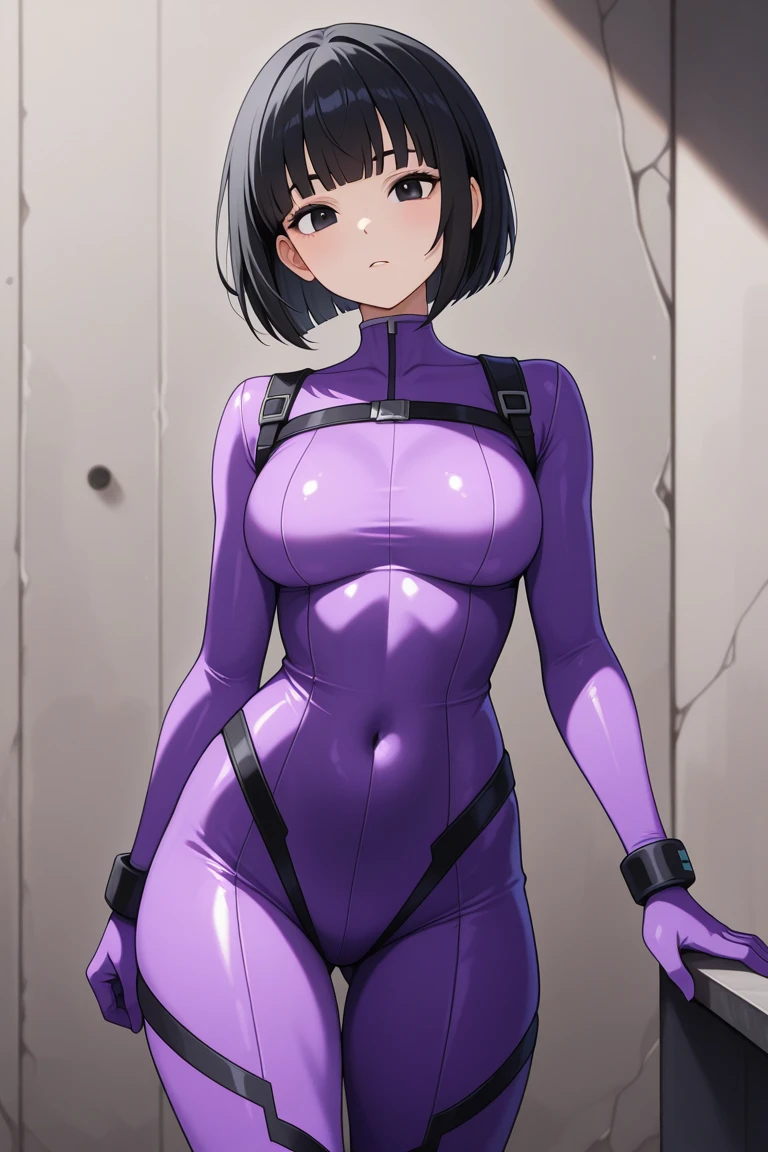 videl,1 girl,alone,((bright purple tight suit,:1.5)),barefoot,bare hands,blush,blue eyes,smile,Sweat,black hair,spike hair,boyish girl,big breasts,butt,back,Standing,Research room,Cat Hand Pose