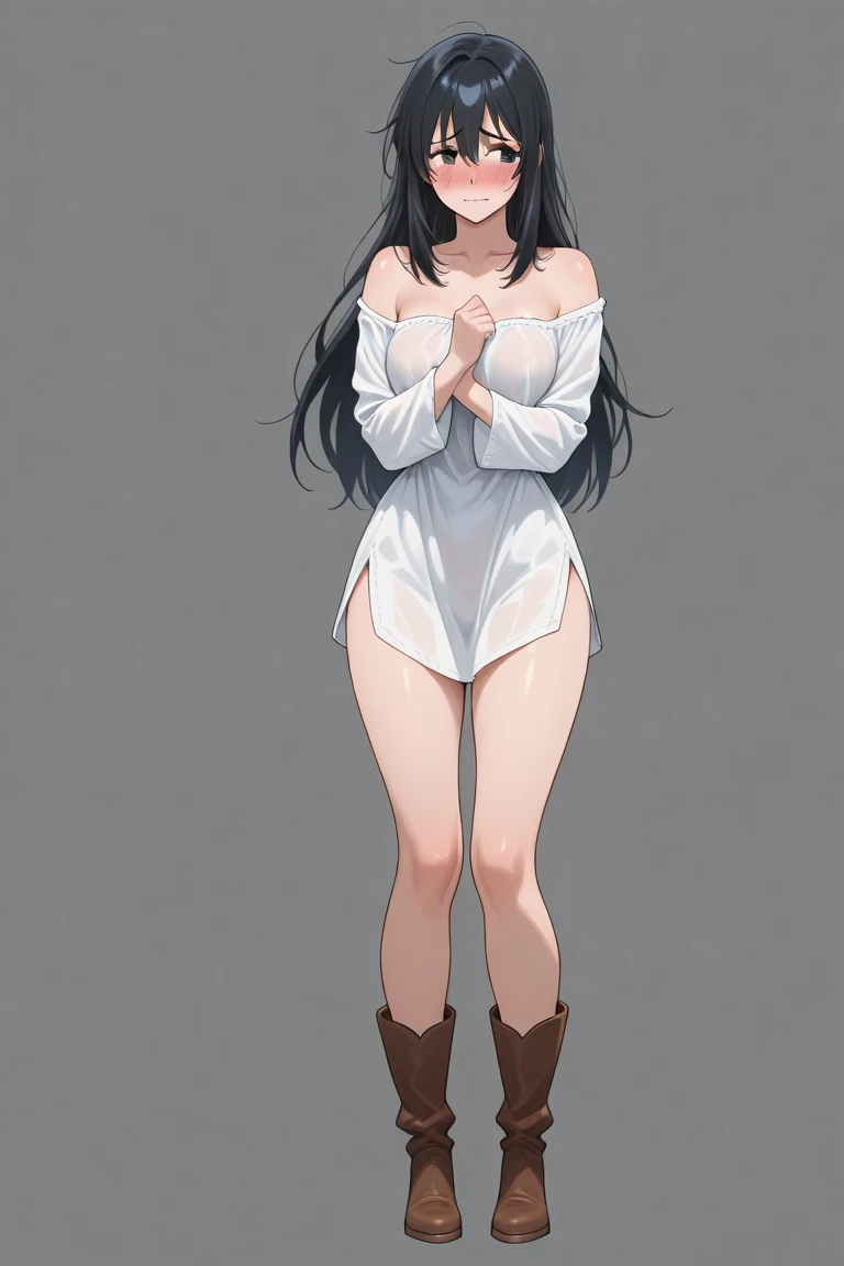 one cute anime girl,beautiful detailed eyes,big breast,black hair, naked, standing,sexy pose, full body, anime style, white background, NSFW