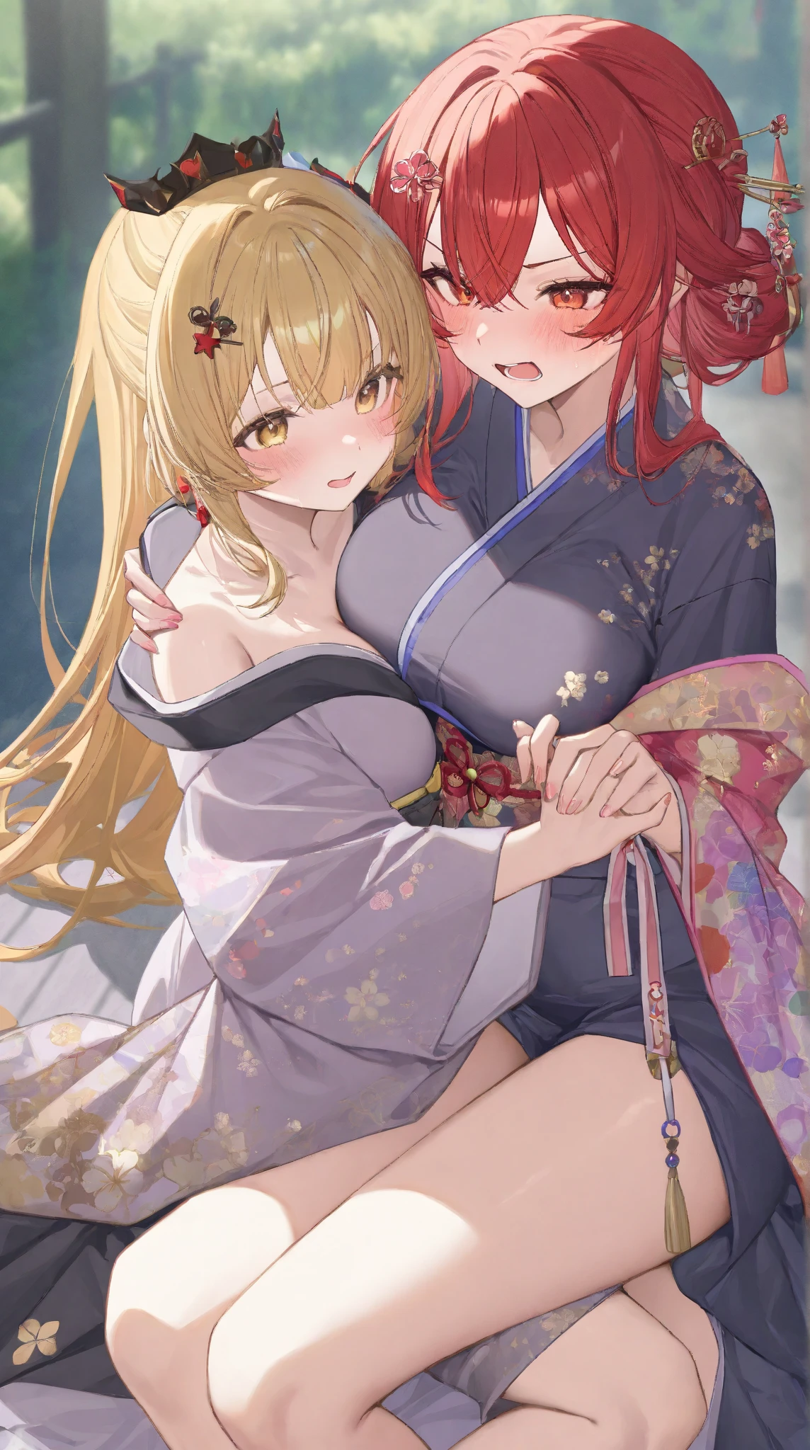 Chinese idol girl　mature woman　Blonde wavy hair with bangs　(Bright red blush on lips)　big breasts　chubby　plump　Super big ass　((rimless glasses))　　big eyes　Sakura Fubuki　((fabulous, super shiny purple long skirt in chinese dress))　((Wellingtons)) garters　8 k　Photorealistic　((Cherry tree in full bloom))　(A large number of falling cherry petals)　((sunrise at dawn))　((Sit down спиной к камере))　((Rear view of a man, sitting upright))　((Turn around and make eye contact))　((Sit down, stretching out the buttocks))