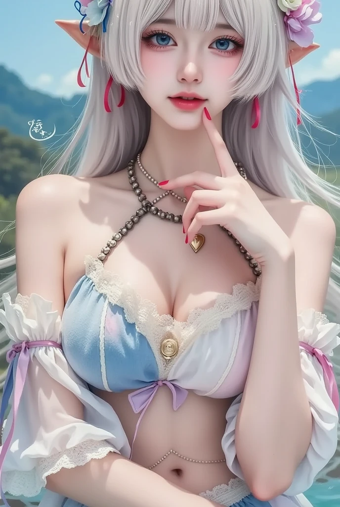 Photorealistic, High resolution, softlight, 1girl in, Solo, hips up high, Blue eyes, (silvery white straight long hair), Red lips, black lace sexy lingerie, hips up high, Jewelry,off shoulders、((The erection))、(Puffy eyes:1.2)、 (Slim legs),(Light shines on the face and chest)、(((((underboob)))))、Lower breast、Oily skin、skinny、 (the underside of the chest is slightly visible),(目に見えるLower breast、I can see your belly button and ribs)、Hip bones and lower abdomen are visible、Dark blue flared skirt、(lift up skirt),((White T-back panties visible)),