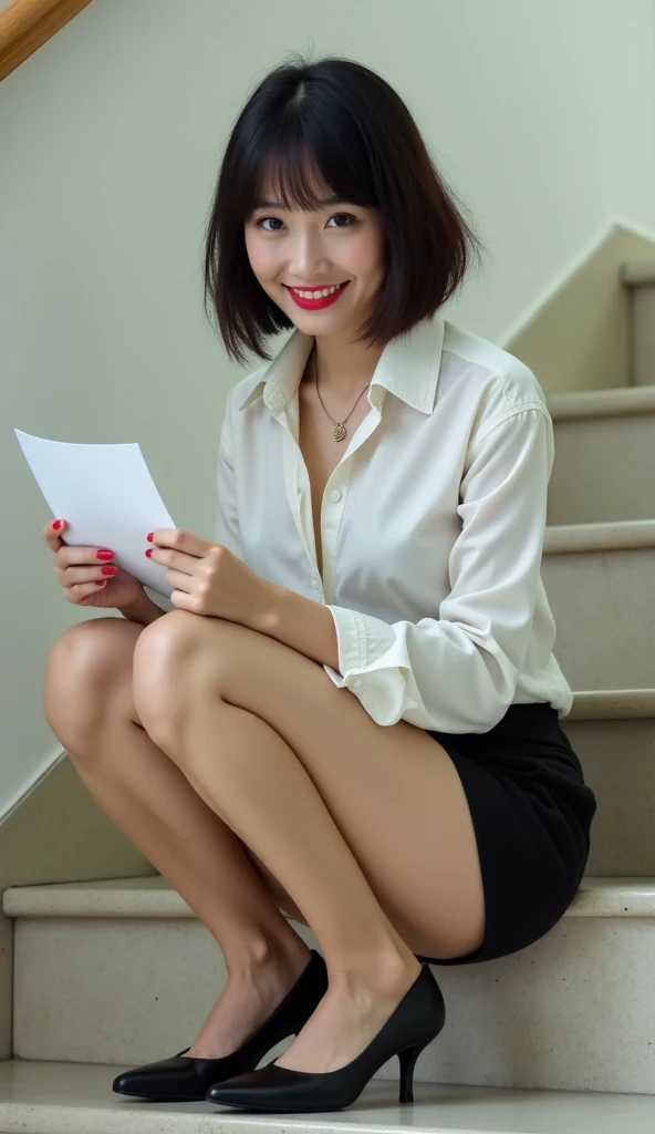 (masterpiece:1.2,8k, raw photo, ultra quality), absurdres, (photo realistic:2), high detail raw color photo,skiny skin, professional photograph,((best quality))、A very beautiful Japanese office lady、pointing、upskirt、White panties、evil grin、smiling at viewer、Please put your feet up、short hair、Front Light:1.5、cleavage cutout、skirt lift、Moist red lips, sweet, Sit on a bench, Gray background, Bright lighting, Open your mouth, Eyes that plead, ((((whole body)))), Sexy thin legs, Small and hard breasts, Lift up your skirt, (M-foot:1.5), ((Lift up your skirt:1.9)), Wearing a white short-sleeved collared shirt, (Open shirt:1.3), Grey platter pencil skirt, 