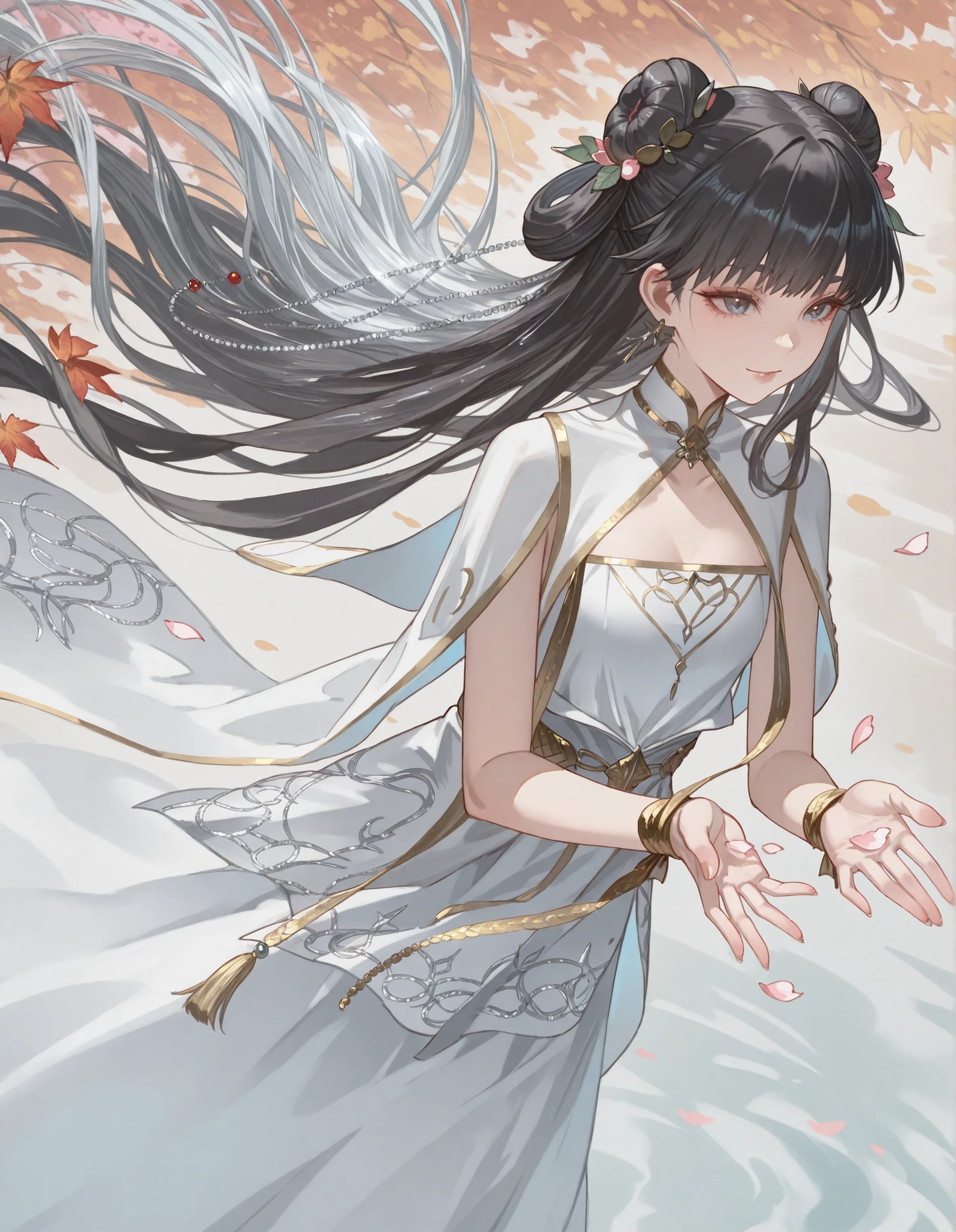 The woman is wearing a plain white ancient style top,Her long black hair is tied up in an elegant bun,Wearing exquisite silver hair accessories,Hair is as shiny as satin。Face is beautiful and elegant,Eyebrows are slender and stretched,Clear eyes are like autumn water with stars,Lip color is like newly opened cherry petals。The layered silver tassels and hollow accessories at the collar hang down,The dark pattern on the body of the clothes is faintly visible, and the gray ink cloud pattern,The blue-green silk belt wrapped around the shoulders winds to the waist,A belt in the same color outlines her graceful figure。