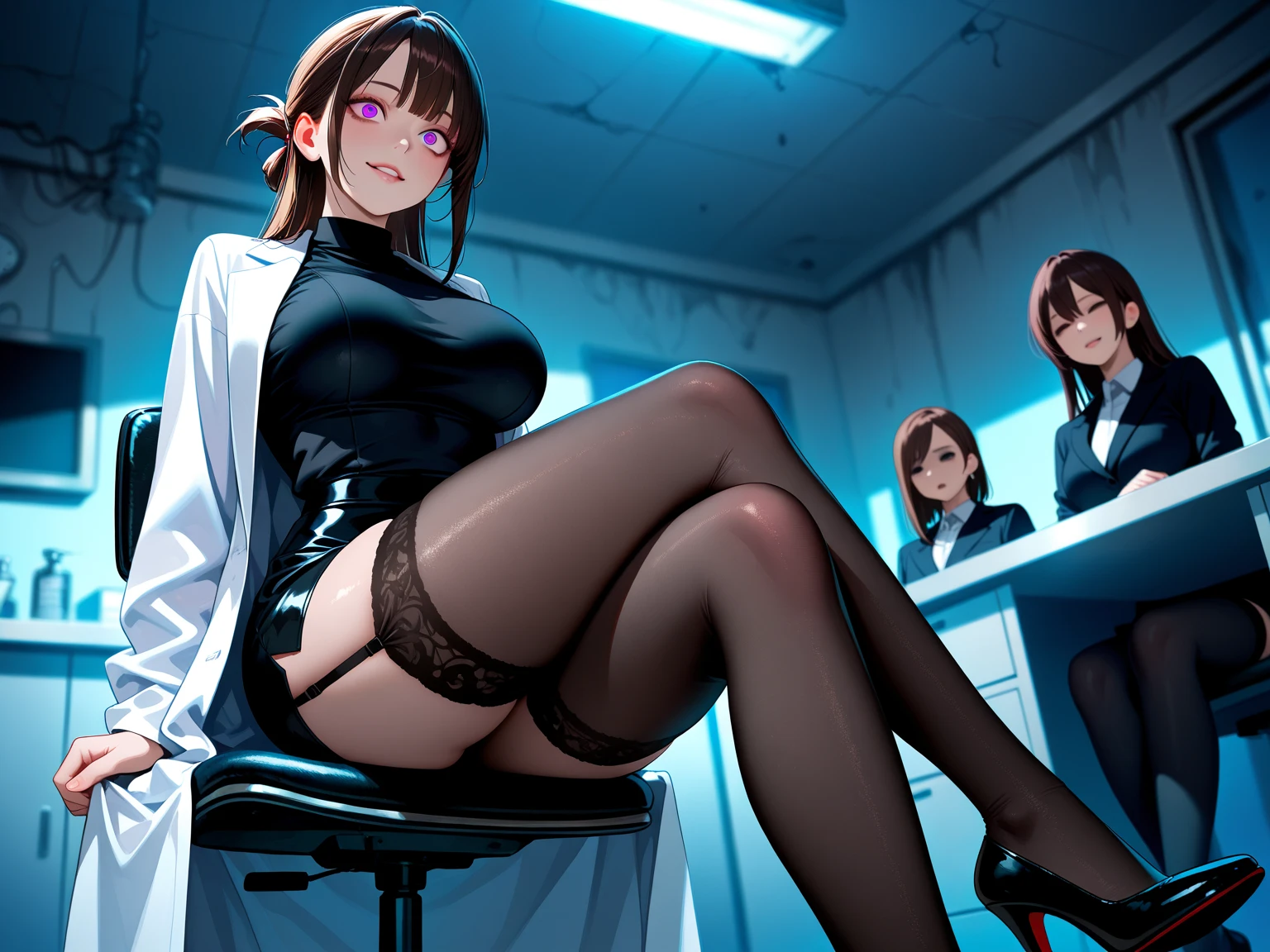 ((Highest quality)), ((masterpiece)), (detailed), prison, One person, akanechan, femdom, dominatrix, ((bare shoulders)), ((black bustier)), ((black stockings)), ((black g-string)), ((black high heels)), ((black garter belt)), ((black elbow gloves)), ((chair)), ((female sitting in a chair)), ((evil grin)), (((((from below:1.3))))), ((looking at viewer)), ((((looking down:1.4)))), stare at viewer with stern eyes,