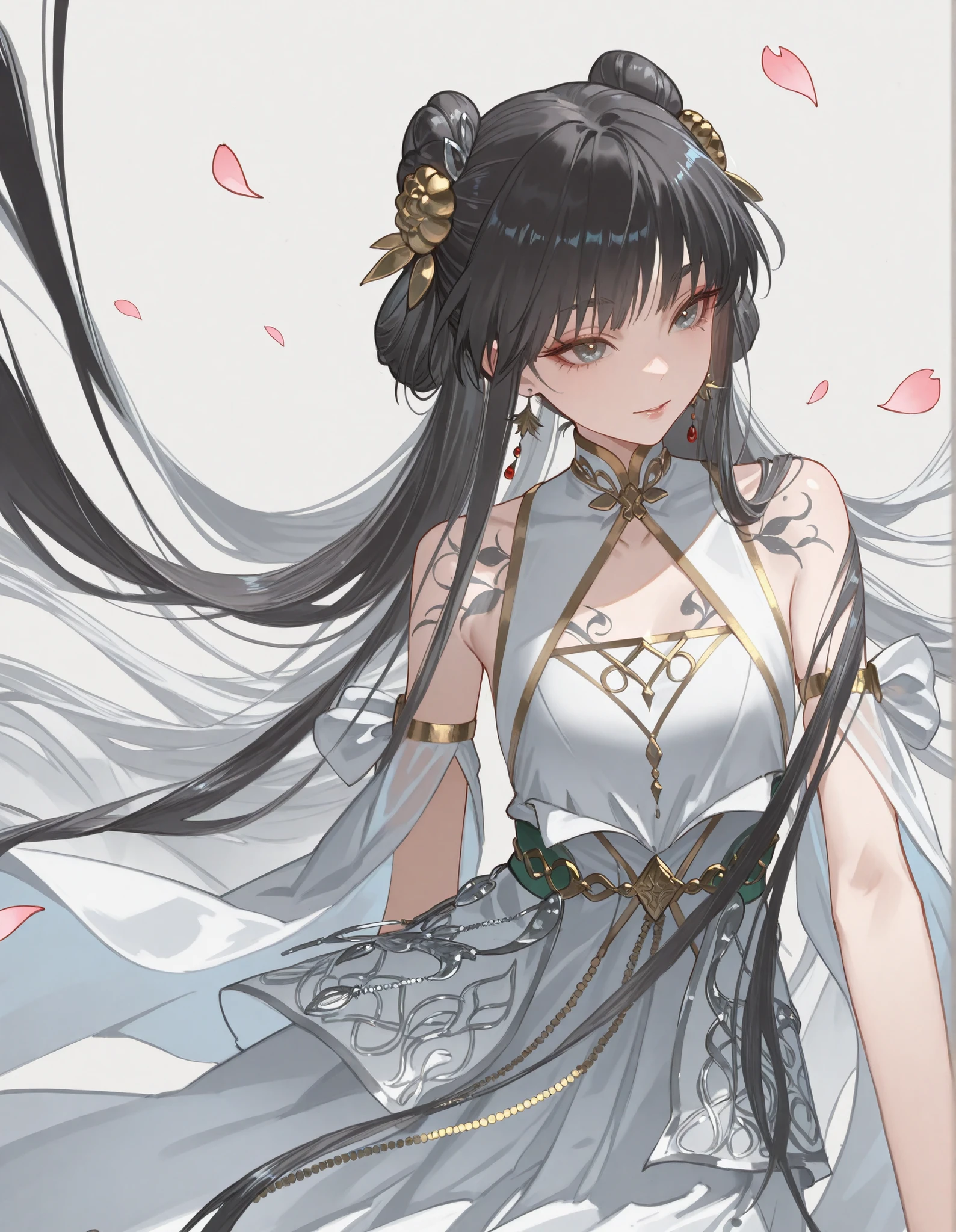 The woman is wearing a plain white ancient style top,Her long black hair is tied up in an elegant bun,Wearing exquisite silver hair accessories,Hair is as shiny as satin。Face is beautiful and elegant,Eyebrows are slender and stretched,Clear eyes are like autumn water with stars,Lip color is like newly opened cherry petals。The layered silver tassels and hollow accessories at the collar hang down,The dark pattern on the body of the clothes is faintly visible, and the gray ink cloud pattern,The blue-green silk belt wrapped around the shoulders winds to the waist,A belt in the same color outlines her graceful figure。