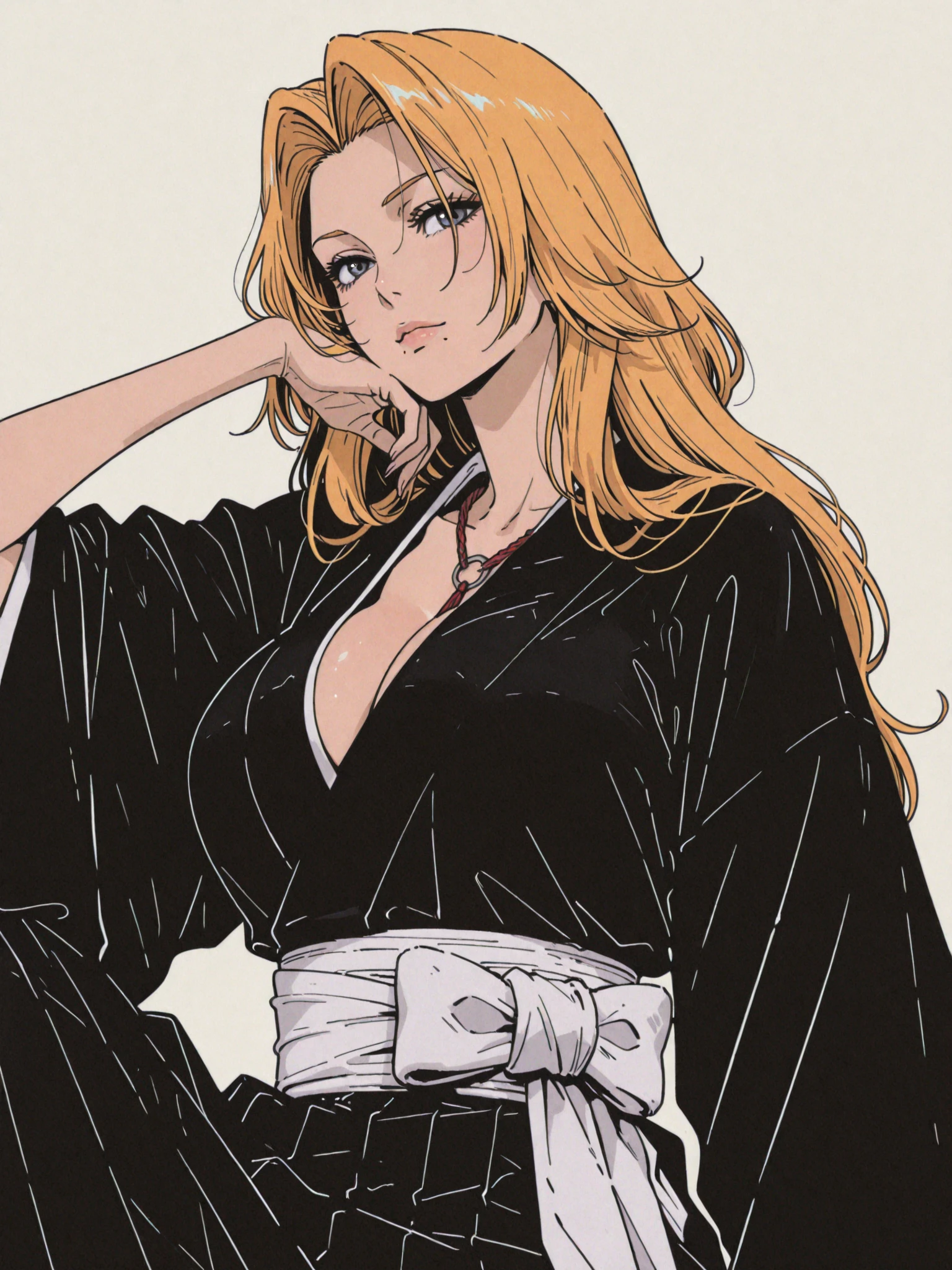 Simple white background,
 Black shirt,kimono, Japanese clothes, clavicle, cleveage, 
jewelry, necklace, 
blue Eye, Blonde hair,Bangs,long_hair,
1 girl, 20 years,Young women,fair Finger,fair long legs,fair body,
fair Nose,fair character design, perfect Eye, perfect Face,expressive Eye,Perfect balance,
Looking at the audience,(Focus on her Face),Shut up, (Innocent_Large target_Eye:1.0),(Light_Smile:0.3),
official art,Extremely detailed CG unified 8k wallpaper, Perfect lighting,rich and colorful, bright_front_Face_Lighting,White skin,
(masterpiece:1.0),(the best_quality:1.0), Ultra-high resolution,4K,Super detailed,
photography, 8k, HDR, high resolution, absurd:1.2, Kodak Portrait 400, Film Grain, Blurred background, Bokeh:1.2, 镜头Light晕, (Energetic_color:1.2),专业photography师,
(fair,Large target_breast:1.4)(大breast、Cleavage, Big Ass、Thick thighs)), Perfect body, (fair_Face:1.5),(narrow_waist),