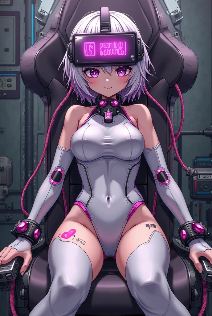 masterpiece, best quality, blush, cyberpunk, open mouth, (drool:1.2), lying down in spaceship chair, (VR headset covering eyes:1.2), covered in cables and wires, bodysuit, large mechanical breasts, (thick thighs:1.2), wide hips, (narrow waist:1.3), pink hair, white collared shirt, shirt collar, bowtie, school uniform, modified bodyparts, glowing nipples, nipples emitting bright neon pink light, cyborg girl, mechanical breasts, body modification, lightbulb nipples, cyborg, android, mechanical creature, futuristic mechanical breasts, slim futuristic android, glowing lights on girls body, electrocution, girl is being electrocuted by red energy, illuminated nipples, electric nipples, pleasured expression, visible electricity, illuminated breasts, glowing body markings, formal clothing, suit, huge bowtie, futuristic plugsuit, open legs, school uniform, breasts have flashlights built inside them, glowing robotic nipples, big white shirt collar, relaxed expression, brainwashing