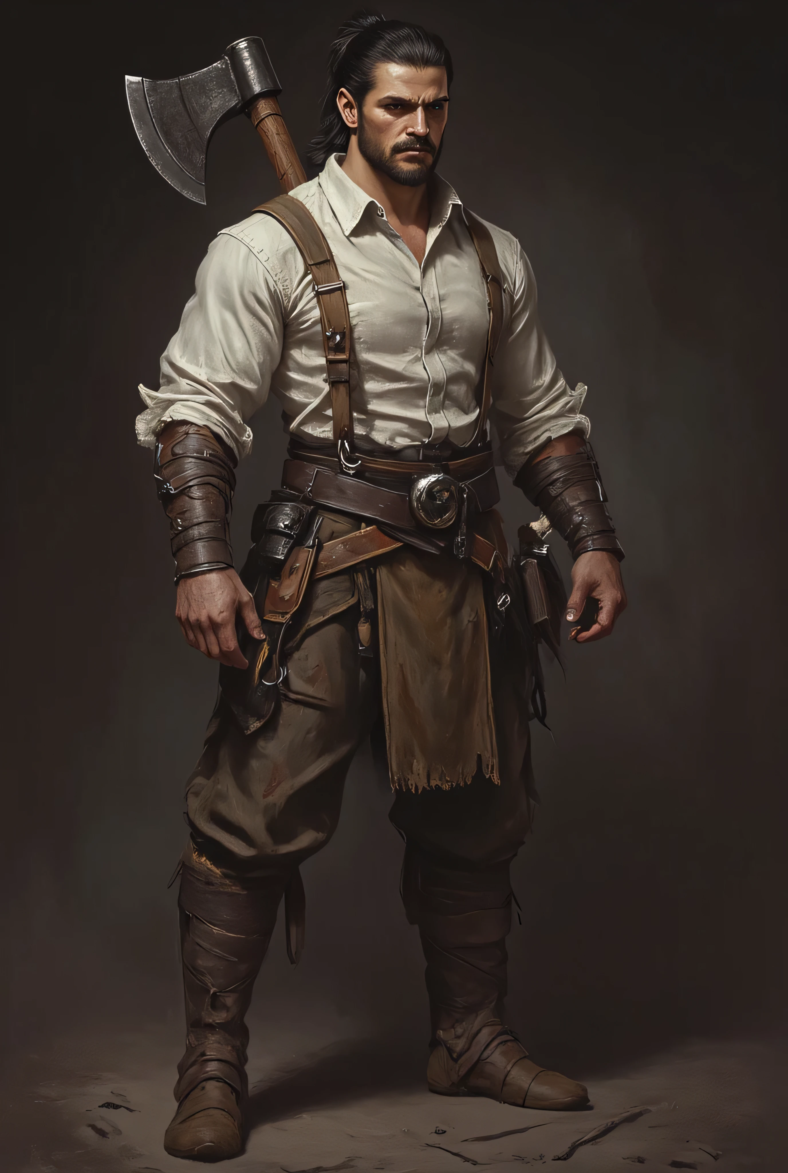 (1male, a young male, lumberjack, strong lean body, medieval male pheasant, black ponytail hairstyle, serious expression, wear humble medieval lumberjack cloths, white shirt, holding an axe, standing, dynamic pose), perfect proportions, digital painting, character concept, anthr0dnd, Gul'dan, 8K, photorealistic, masterpiece ,ultra-detailed ,vivid colors, dramatic lighting, moody atmosphere, cinematic composition, simple dim background, intricate textures, seamless blend of realism and fantasy