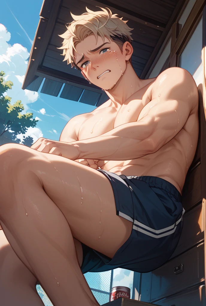 masterpiece, best quality, male focus, 1boy, solo, muscular male, bara, wolf ears, shirt, shirt lift, lifted by self, abs, shorts, sneakers, spread legs, on floor, looking away, blonde hair, blue eyes, short hair