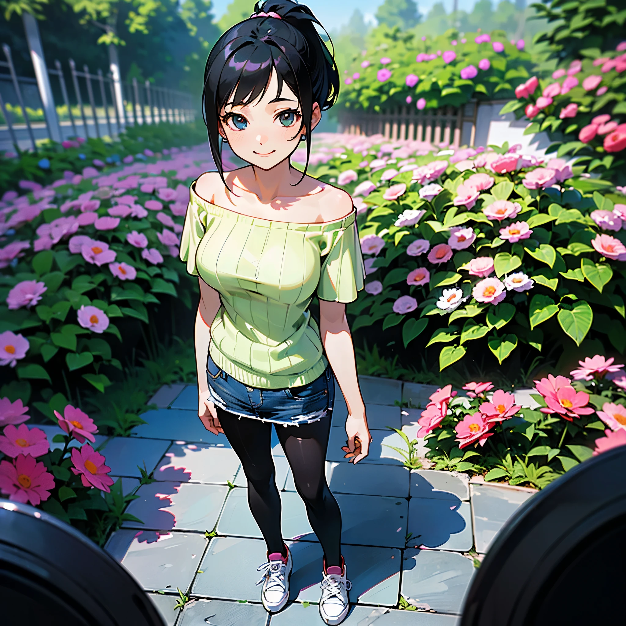 masterpiece, Highest quality, High resolution, Calm 1, 1 Girl, Calm 1, 1 Girl, Calm (Pokemon), alone, Grey Eyes, Black Hair, green Shorts, Red Tiara, shirt, tied shirt,, short hair, Short sleeve, Shorts, stripe, yellow shirt, belt, Middle class shooting, Grass, Field, smile, Are standing,