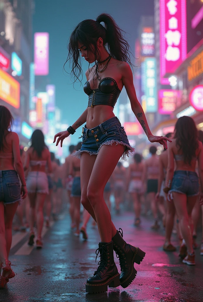 1 boy with pale white skin
Emo hair style from blue to black
Delegate and slender
Using a flesh bra
Carnival thong
Using a short silk fabric as a skirt
Barefoot, dancing