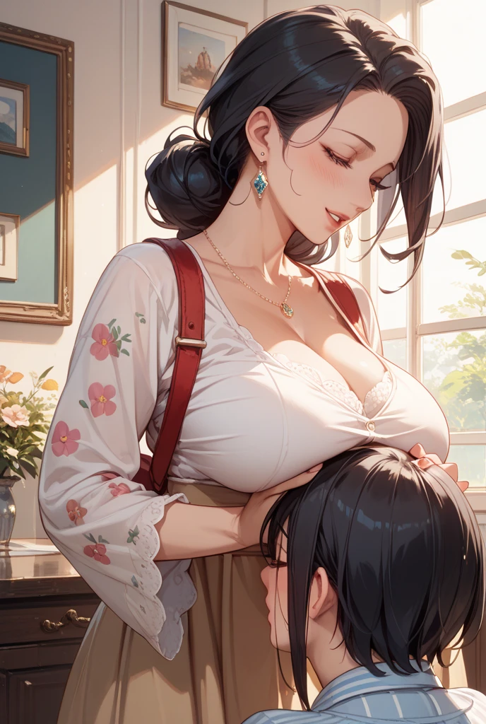 score_9, score_8_superior, score_7_superior, sauce_anime, One boy, One girl, Mature woman 40 years old, huge breasts, little cleavage, Mother and son, hug, smile, Expectant mom, Put your hands on your head, Kneel,juvenile