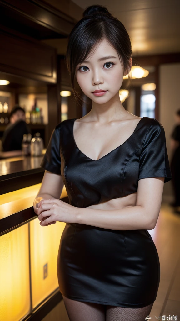 (best quality), 16K, soft light, a one beautiful asian girl with red short hair, lovely face, big breast, in a black cutout dress, staying on the restaurant, standing with, a glass of champagne in her right hand, looking on the viewer