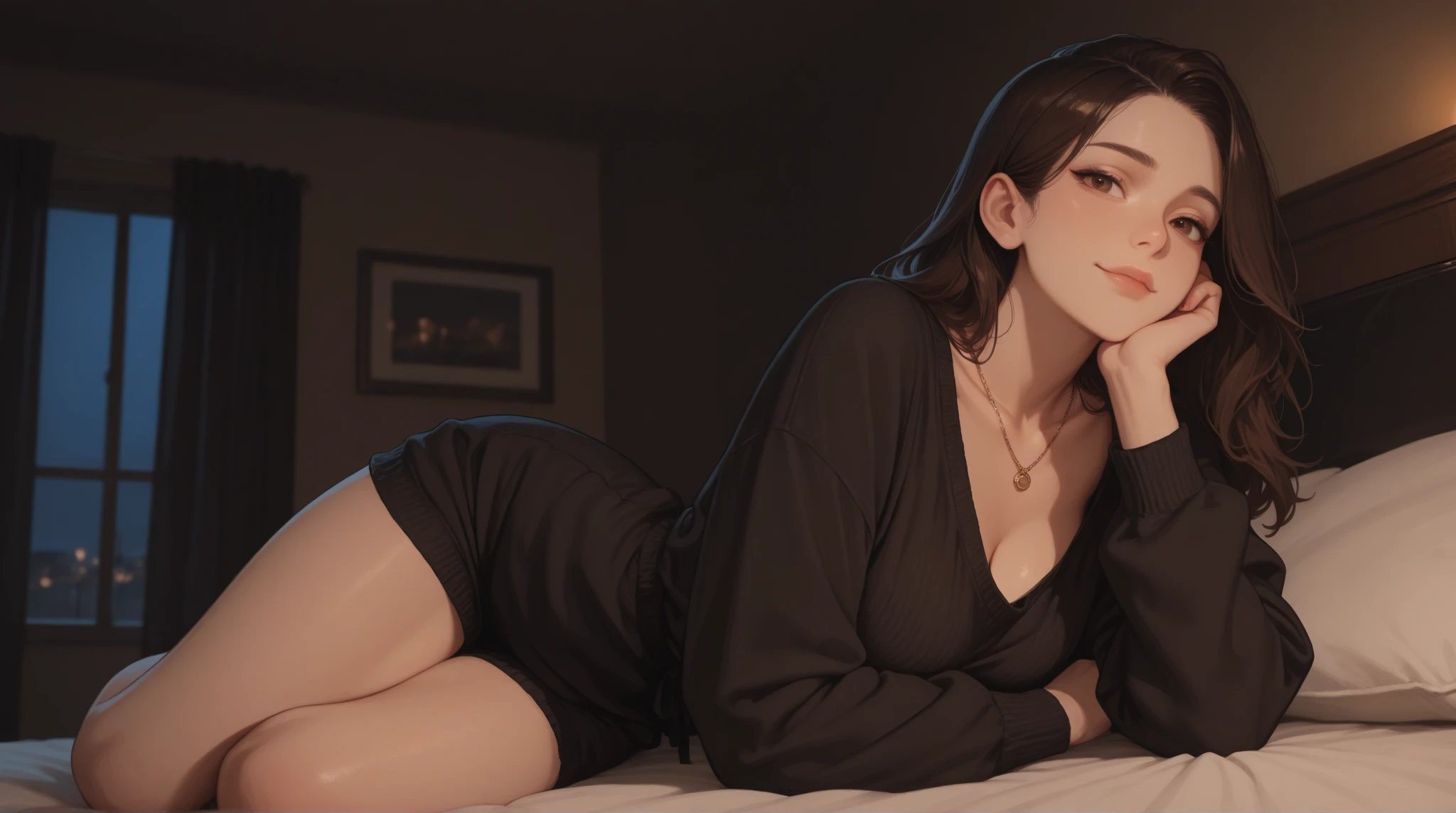 8k, ultra-detailed, physically based rendering, Kpop idol, bedroom, night, straddling, stretched legs, slender legs, black stockings, perfect skin, closed mouth, off-the-shoulder sweater, soft light