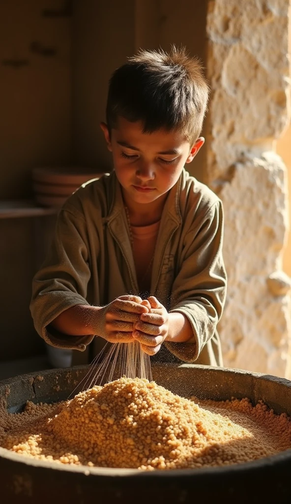 The Muslim boy was preparing his fishing net in front of his house, ready to row his boat out to fish.