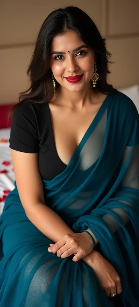 A Indian 20 year age girl wearing blue silk saree, praying in shiv temple, eyes closed, hands are closed, smiling expressive face, detailed face, beautiful lips, perfect body, fully covered body, modern family inheritance, beautiful eyes, most beautiful woman in the world, candid shot from right side angle of her body, High quality, textured hair, black hair, High quality, hdr, 8k,((best quality)), ((masterpiece)), (detailed), perfect face,