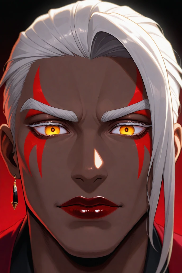 ((best quality)), ((masterpiece)), (detailed), absurdres, portrait, (dark alien:1.2), (red skin:1.4), shiny skin, collarbone, toned, very short hair, hair up, white hair, goth makeup, glowing eyes, blue eyes, (third eye:1.2), long robe, (steel robe:1.2), looking at viewer, evil smile, solo, solo focus,