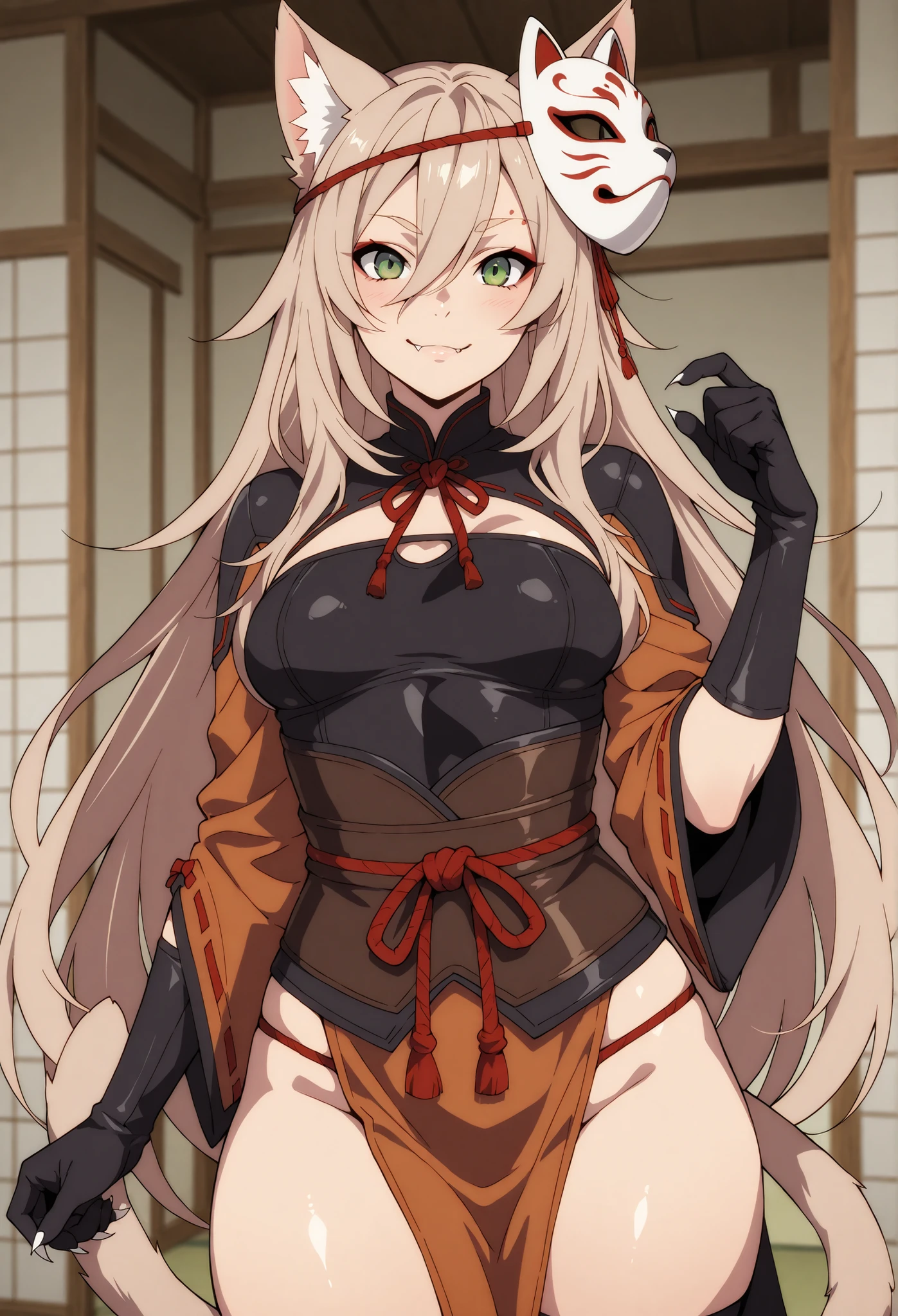 (light brown hair), very long hair, flowy hair, catgirl, nekomata, beautiful, cheeky, rogue, thief, hazel green eyes, mature, cocky, adult, clothed, yokai fox mask on the side of head, solo, (very fair skin complexion), two cat tails, japanese, thief clothes, porcelain skin, raise an eyebrow, japanese house background, cat eyes, small to moderate breast, sharp claws, fang, sexy smile