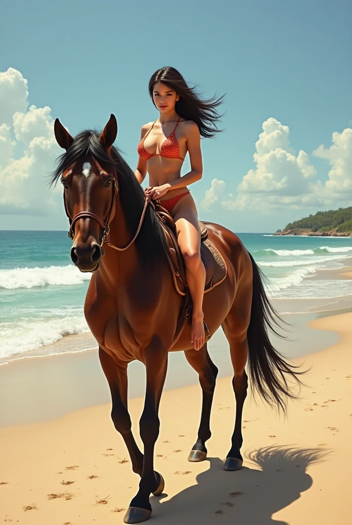 8k,wallpaper of extremely detailed CG unit, masterpiece,hight resolution,top-quality,top-quality real texture skin,hyper realisitic,increase the resolution,RAW photos,best qualtiy,highly detailed,the wallpaper,cinematic lighting,ray trace,golden ratio, BREAK ,1girl\(pretty, female, (centaur\((lower body is very beautiful black horse body:1.3),horse ear,hooves,\):1.4), bikini tanned skin, wearing dynamic swimwear ,sweats,playing at beach, breast, dynamic pose,\), background\(beautiful seaside, RESORT island beach,very realistic background\), (dynamic angle:1.3),