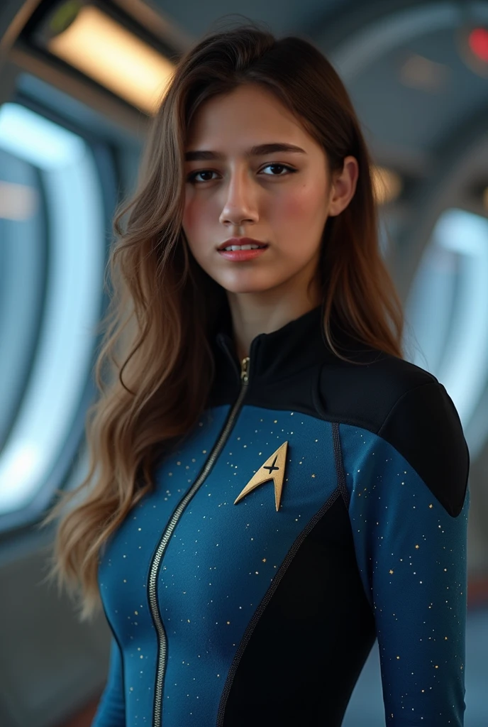 a realistic photograph of beautiful of beautiful (DF1sh31:1.1) woman as space captain,wearing blue (Star Trek NG uniform),standing on the command deck of battle cruiser spacecraft,smiling,hair in futuristic hairstyle,looking out into space at a nearby galaxy,posing,portrait,muscular,hourglass body,fashionable,detailed,deep photo,raw photo,film grain,professional photo,vintage instagram LUT,black pants,PA7_Portrait-MS,<lora:DF1sh31_05B-000003:0.9>,