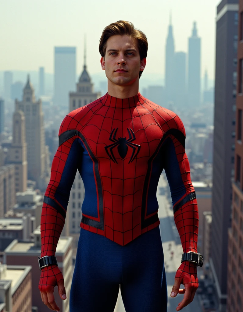masterpiece, best quality, spider-man costume, nomask, 1boy, blonde hair, blue eyes, standing, new york background <lora:Spider-Man Costume_v1:1>