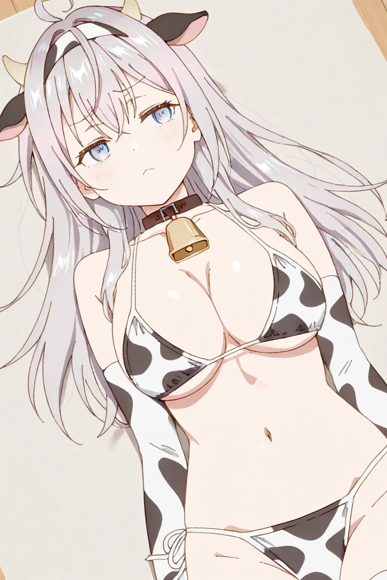 score_9,score_8_up,score_7_up,score_6_up,1girl, animal ears, long hair, animal print, areola slip, bikini, breasts, cameltoe, cleft of venus, condom, condom belt, covered erect nipples, cow ears, cow horns, cow print, cow print bikini, curvy, elbow gloves, fake animal ears, fake horns, gloves, erect nipples, hard nipple, horns, huge breasts, navel, print bikini, simple background, smile, solo, swimsuit, thick thighs, thighhighs, thighs, underboob, used condom, white background, twintails, condom hair ribbons, Pursena Adoldia,red eyes, long hair, grey hair, dog ears, dog tail,
