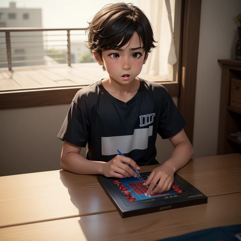 little 6 year old japanese boy with brown hair, whole body, tight black shorts,  half shirt, seated, downstairs bedroom, whole body, View from above,laptop gaming, player, playing 