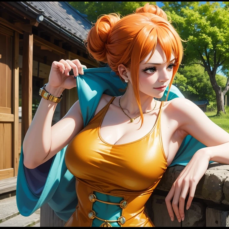 (masterpiece), best quality, expressive eyes, perfect face, (deep jungle background), (standing at the ship's wheel), (smirk), (cleavage view), (1girl, 18 years old, Nami (one piece), fair skin, orange hair, brown eyes, hourglass figure, thin body, skinny body, petite_body, large breasts, huge breasts, oppai, large cleavage, wide hips, thick thighs), (nami (one piece), short hair, pigtails, orange hair, brown eyes, esposed cleavage, rastafari strap shirt, sleeveless, bracelet, minishorts, navy_blue shorts),