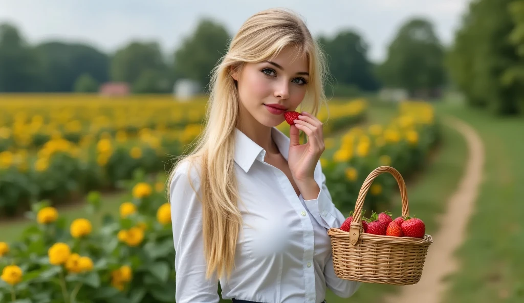 Full body of a beautiful woman with bright blonde medium hair in a red ribbon bun, in a modern pin-up style, sensuously nibbling on a half red apple. She has a big smile, striking black eyes with long lashes, and bold red lipstick. Her skin is lightly tanned and has a healthy glow. She is standing in a beautiful summer meadow of wildflowers wearing a stylish red and blue checked blouse,The scene captures the perfect details of her face and hands, The atmosphere is lively and vibrant, no text,
Photorealism like a painting
Vivid, fresh colors
Style: Greg Rutkowski, Anna Dittmann+Daniela Uhlig+Tatiana Suarez+Craola