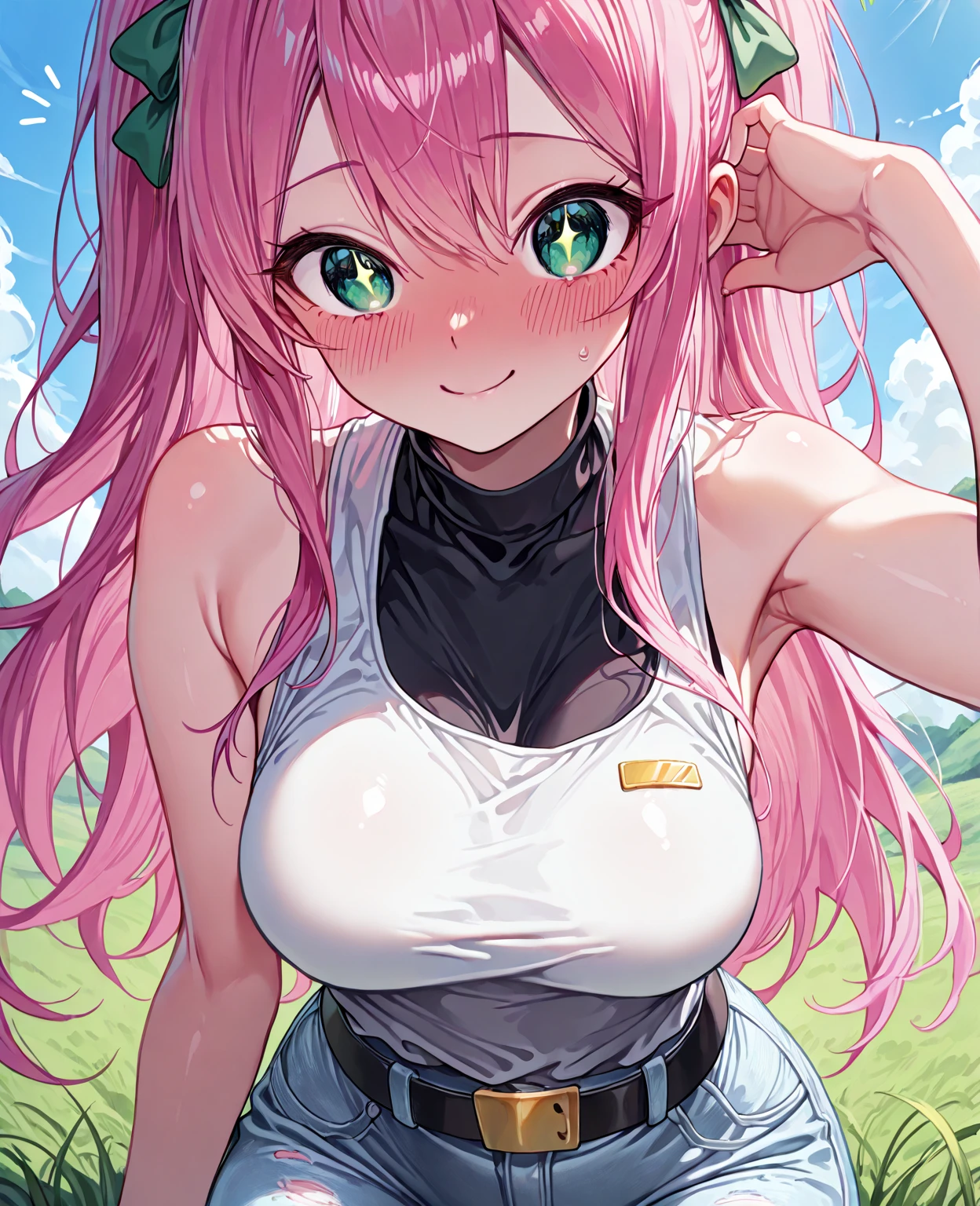 Cute girl, pink hair, pigtails, green eyes, smile, tight white shirt with short sleeves, big breasts, exposed stomach, short pants