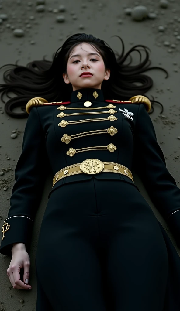 Beautiful female soldier, She is wearing a tailored, Hussar uniform with a high collar and golden decorations and epaulets on her shoulders, She also wears a belt and tight White shorts, strong legs, full length view from above as she lays dead on the grassy field, a casualty of combat, eyes closed, lying prone flat on her back on the ground, perfect teeth, perfect features
