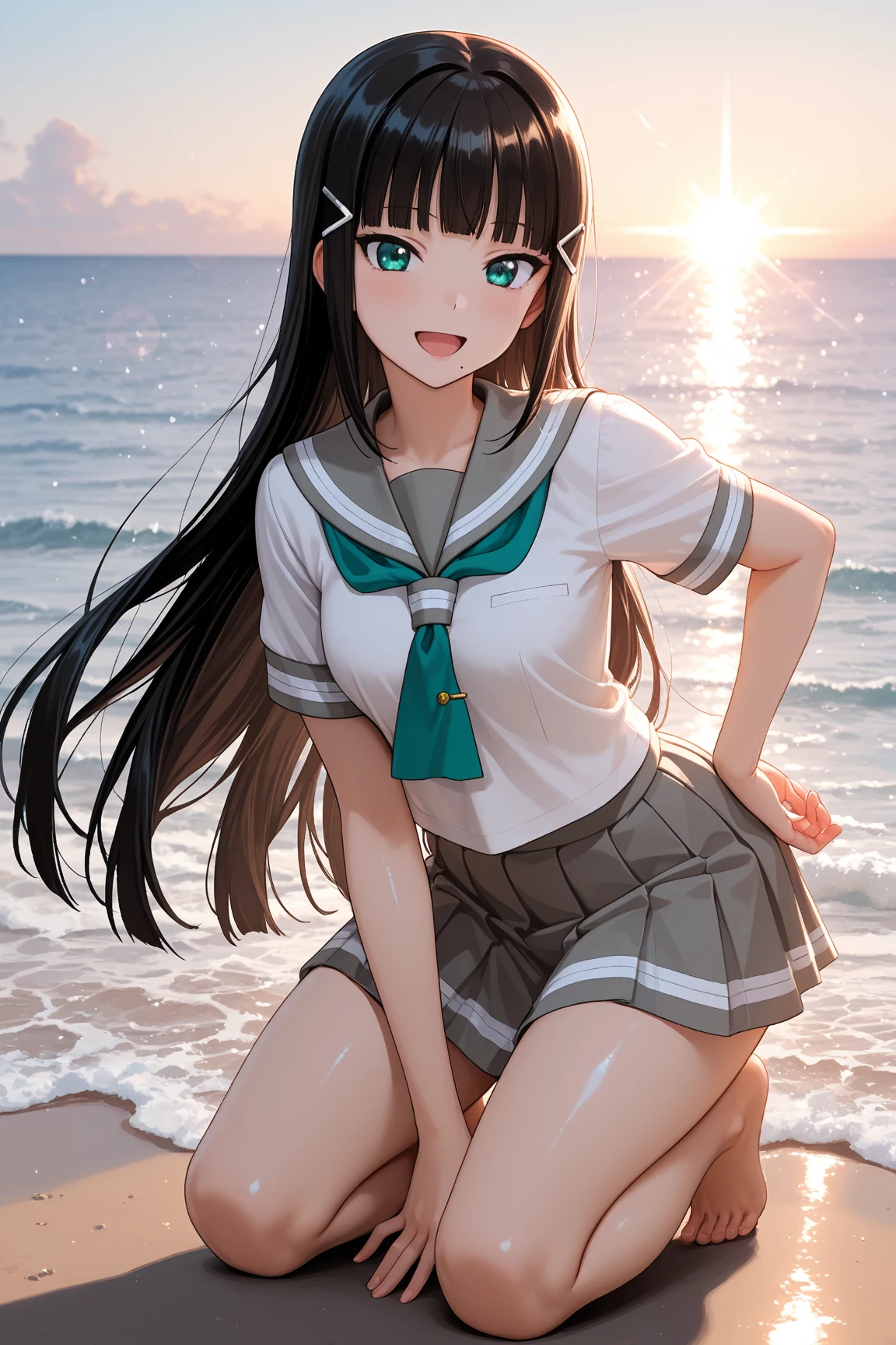 Semi-long black hair、Beautiful schoolgirl、a beauty girl、swim wears、Sea Vacations、Brown eyes、private beach、Resorts、