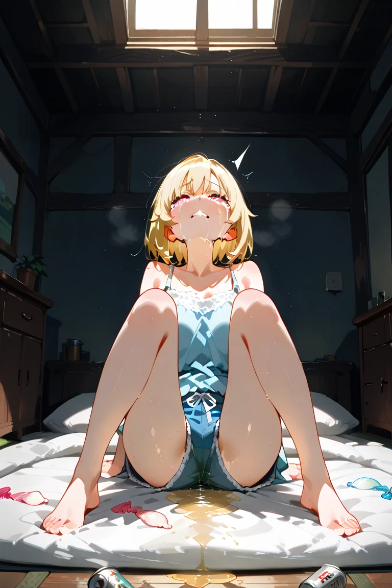 A sixteen-year-old girl in a diaper lies on the bed. The diaper is full of urine and on the bed under the girl you can see a yellow urine stain. To the left of the girl on the bed there are 3 new diapers. There is a pacifier in the girl&#39;s mouth. 