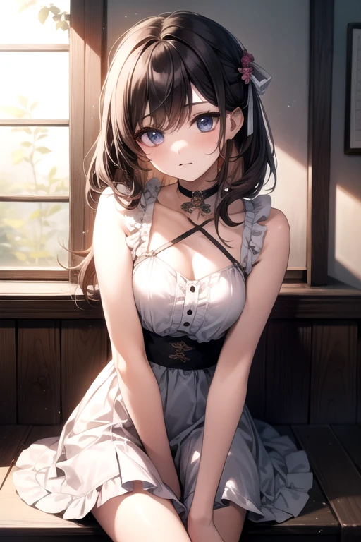 Full-length portrait of a girl,White dress,White panties,Small Bust,blue sky