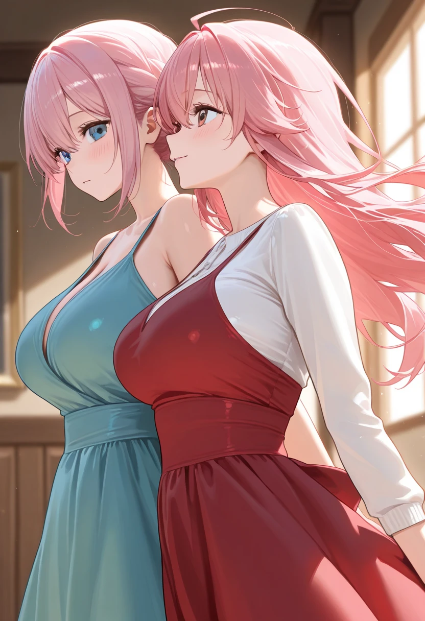 Light pink hair、Side tail hair on the right、Light blue dress、Pale pink eyes、Large breasts、Anime