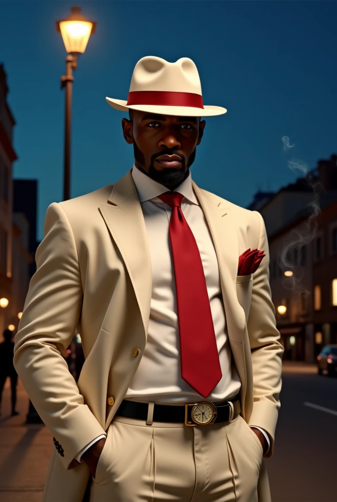 (realistic style) A detailed portrait of a black man with a white Panama hat with red ribbon on his head, shaved hair, white suit, red colored tie, white pants, black shoes, is holding a glass of beer in his hand, face smiling, in the street, night, bars. The expression lines on his face can be seen clearly. The texture of the Panama hat and clothes is exceptionally well detailed, award-winning digital art, 8k