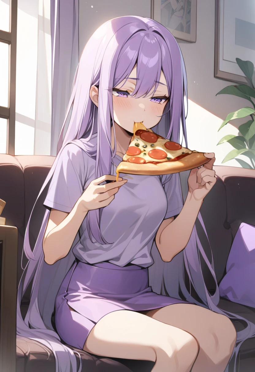 {{((realistic)),((details)),((quality)),((perfect body)),((perfect skin)),((dynamic color)),((dynamic light)),((dynamic shadow)),((very long hair)),((fringe hair)),((tidy hair))}},{{((scenario house)),((Tight-fitting sleeveless T-shirt)),((Tight-fitting panties)),((Sitting on the sofa eating pizza with beer))}}